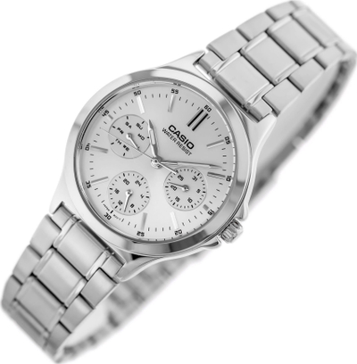 Orë dore Casio LTP-V300D-7A, multifunksione, çelik inoks, argjend, ciferblat i bardhë