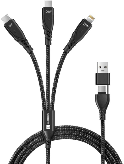 Кабел за полнење CONNECT IT Wirez 6in1, 2x USB C 1x Lightning, 1.25 m, црн