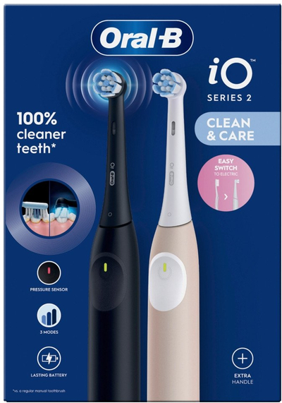 Електрична четка за заби Oral-B iO Series 2, сет со 2 рачки, без паста за заби, црна и розова