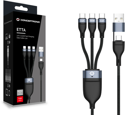 Kabllo USB Conceptronic 3 në 1 USB‑C, 1.5 m, 100 W, e zezë