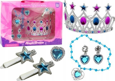 Set aksesionesh princeshë për vajza Little Princess, kurorë vathë varëse unazë kapëse flokësh, rozë dhe blu