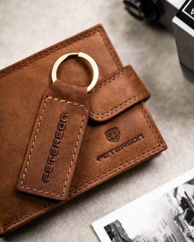 Set portofol dhe varëse çelësash Peterson Leather For Him, lëkurë natyrale, RFID Blocking, kognak