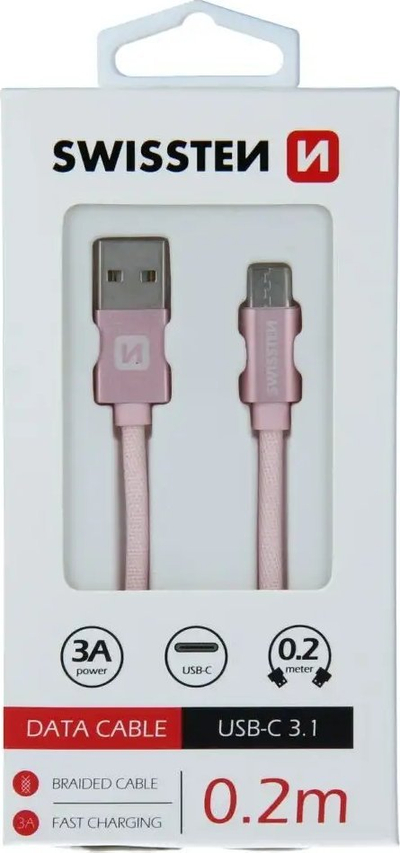 Kabllo USB Swissten Textile, USB A me USB C, 0.2m, e zezë