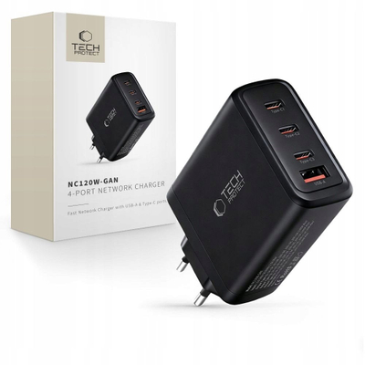Полнач за мрежа Tech-Protect NC120W-GAN, 120W GaN, 4 USB порти, црн