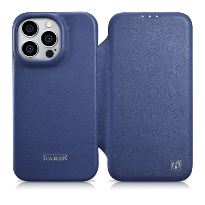 Mbulesë telefoni ICarer CE Premium Leather Folio, për iPhone 14 Pro, lëkurë natyrale, me kapak flip, blu