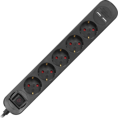 Zgjatës me mbrojtje Virone PS 1 GS, 5 presa Schuko, 1.5m, 2x USB, i zi