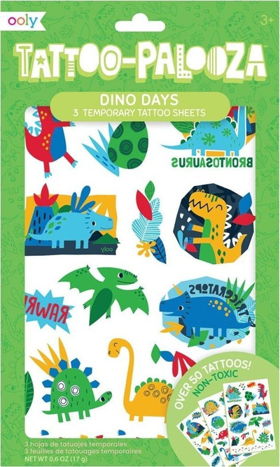 Сет на привремени тетоважи OOLY Tattoo Palooza Dino Days, 50 тетоважи, мотиви со диносауруси, шарени