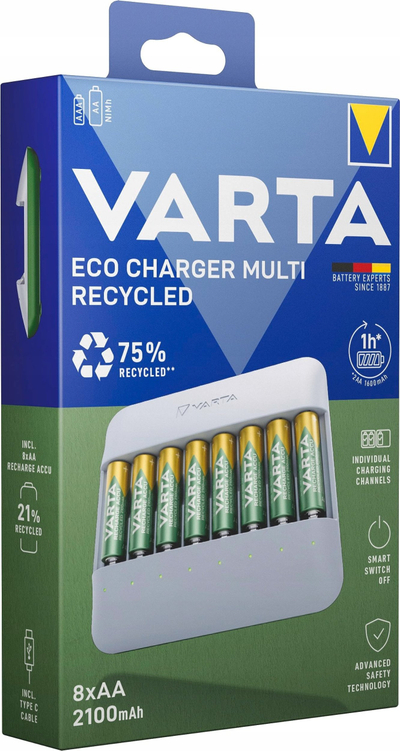 Karikues baterish Varta Eco Charger 57682101121, për AAA dhe AA, karikim i shpejtë, gri