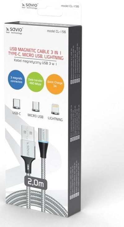 Kabllo USB Savio CL-156, 3 në 1, 2m, magnetike, argjendtë