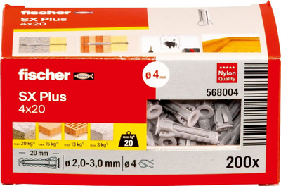 Dybel me sustë Fischer SX Plus 568004, 20mm x 4mm, 200 copë