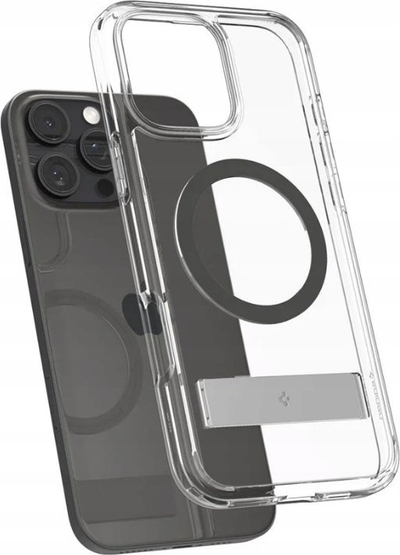Mbulesë telefoni Spigen Ultra Hybrid S MagSafe për iPhone 16 Pro Max, transparente, me mbajtëse, grafit