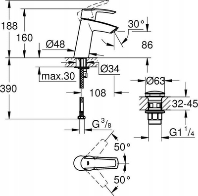 Bateri lavamani Grohe 23575001, me një lever, me mekanizëm click clack, krom
