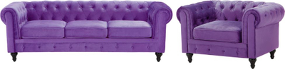 Set dhome ndenjeje Chesterfield, divan 3 vendesh, fotelje, kadife, vjollcë
