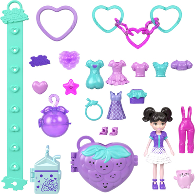Lodër set Polly Pocket Dolls &amp; Pets Bracelet, byzylyk çelësash, aksesorë mode me fruta, shumëngjyrëshe