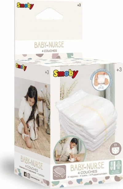 Set pelena loje Smoby Baby Nurse, 4 copë, për kukulla bebe, me shumë ngjyra