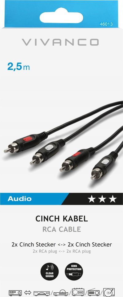 Kabllo audio Vivanco RCA, stereo 2x2, 2.5 m, i zi