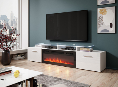 Kabinet TV ROVA, me oxhak elektrik 1400–1600W, 190x37x48 cm, i bardhë