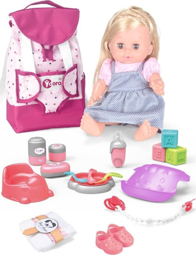 Set lodrash me gocë kukull dhe çantë shpine Hada Bebe Deluxe, me aksesorë, rozë