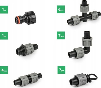 Set aksesorësh për ujitje pikë‑pikë Bradas Drip System, për shirit 16mm, 26 copa, gri
