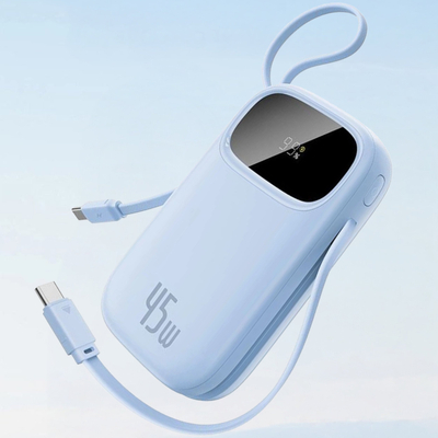 Powerbank Baseus 45W, 20000mAh, kabllo USB C dhe Lightning të integruara, i zi