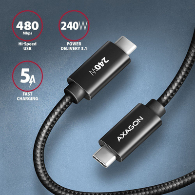 Kabllo USB-C në USB-C Axagon BUCM2-CM25AB, 2.5 m, 240W, e zezë