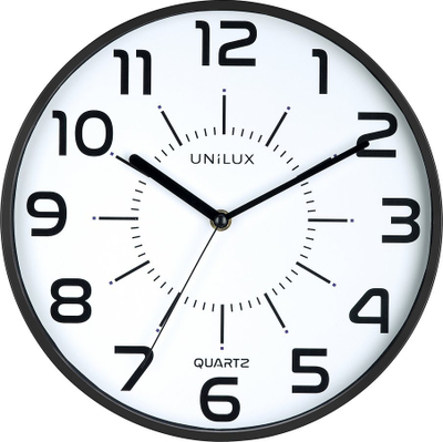 Ora murale Unilux POP Quartz, rrethore 28cm, kornizë e hollë, e zezë