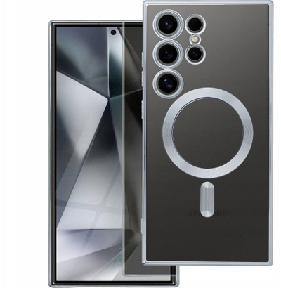 Силиконска маска Electro Mag за Samsung Galaxy S25, MagSafe, проѕирна, со сребрени акценти