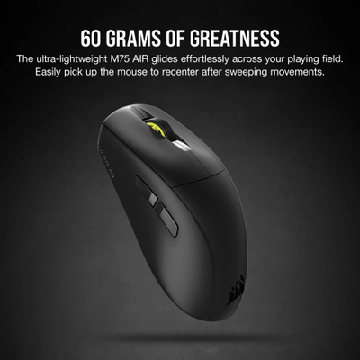 Maus lojrash Corsair M75 Air Wireless, ultra i lehtë, pa tela, i zi