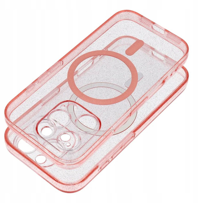 Kapotë mbrojtse MagSafe për iPhone 16 Pro, transparente me glitter rozë, me mbrojtje kamere