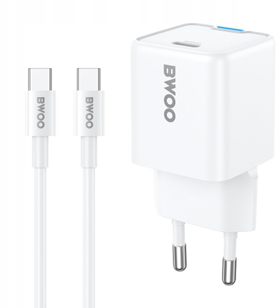 Karikues muri Bwoo GaN PD 30W, USB C, me kabllo C në C 60W, i bardhë