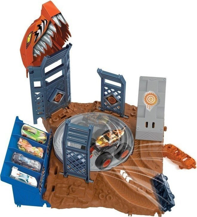 Set loje Hot Wheels Monster Trucks Arena Smashers Tiger Shark Challenge, playset me kamion, shumëngjyrësh