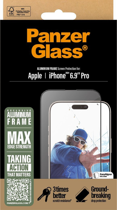 Mbrojtës ekrani PanzerGlass për iPhone 16 Pro Max, Ultra Wide Fit, me kornizë alumini, transparent