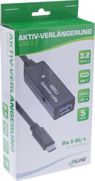 Kabllo zgjatëse aktive InLine USB 3.2 Gen 1, USB C në USB A, 5 Gb/s, ngjyrë e zezë