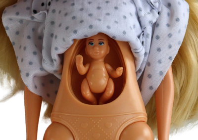 Kukull shtatzënë Leantoys Kaibibi, me bebe dhe aksesorë, fustan i bardhë me pika