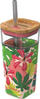 Shishe xhami Quokka Liquid Cube Jungle, 540ml, kapak bambu, dizajn tropikal rozë jeshile