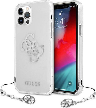 Kapak telefoni Guess GUHCP12LKS4GSI, iPhone 12 Pro Max 6.7", kapak i fortë transparent, me varëse argjendi