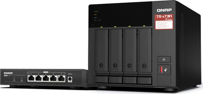Set NAS Qnap TS-473A-8G me switch QSW-1105-5T, 4 vende disqesh, 2.5GbE, i zi