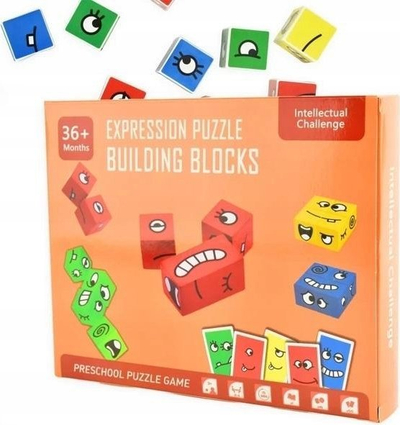 Lojë Montessori Expression Puzzle Building Blocks, 40 karta, 16 kuba, shumëngjyrëshe