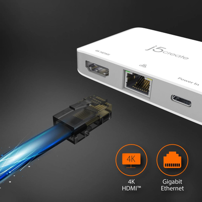 Адаптер USB C J5create JCA351 N, HDMI 4K, Етернет, Power Delivery, бел