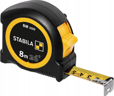 Metër xhepi Stabila BM100, 8m 26ft, trup ABS Softgrip, i verdhë