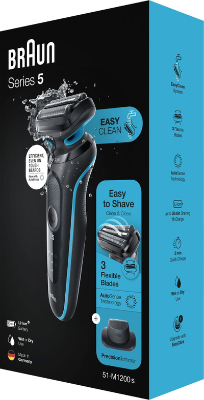 Brisk elektrik Braun Series 5 51-M1200S, 3 tehe që lëvizin, i papërshkueshëm nga uji, i zi
