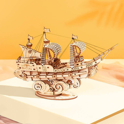 Puzzle 3D druri Robotime Rolife ROETG305 Sailing Ship, model anije lundruese, klasik, ngjyrë druri natyrale