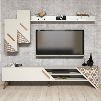 Set mobilerie muri Farfan, për TV deri 70", krem, me rafte dhe dollapë