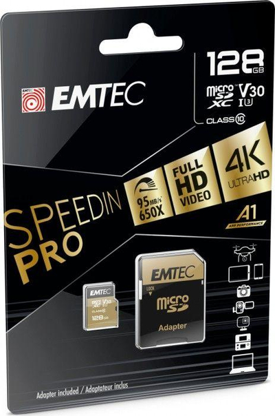 Kartë memorje MicroSD Emtec Speedin Pro, 128GB, Class 10 V30 UHS I U3, ngjyrë flori