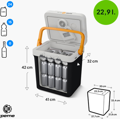 Frigorifer portativ Peme Essential 27 Adventure, 27L, 12V AC DC, i zi me portokalli