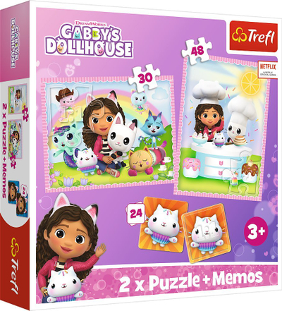 Puzzle dhe lojë memorie Trefl Gabi With Cat Friend, set 2 në 1, për fëmijë