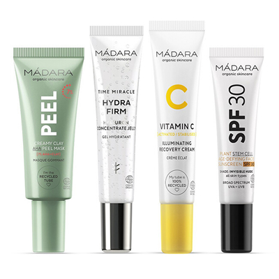 Set për femra Madara Skin Stars Skincare Gift Set, maskë fytyre 17 ml + xhel hidratues 15 ml + krem me Vit.C 15 ml + krem mbrojtës kundër diellit SPF 30 10 ml