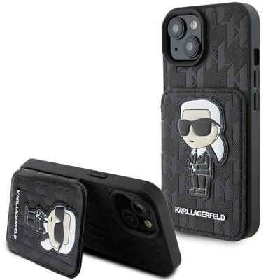 Këllëf telefoni Karl Lagerfeld KLHCP15SSAKKNSCK për iPhone 15 6.1", hardcase Saffiano, me xhep për karta, i zi
