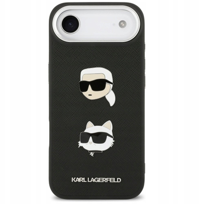 Kllëf telefoni Karl Lagerfeld FW Grained Karl & Choupette Heads Pins & Logo, për iPhone 17 Pro, me MagSafe, i zi