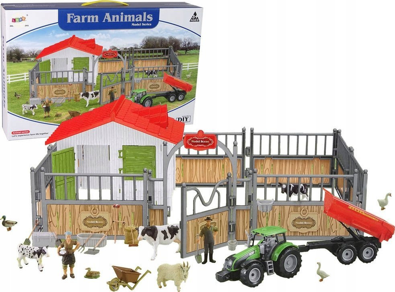 Set lodrash fermë Farm Animals, stallë me gardh, traktor me rimorkio, shumëngjyrësh